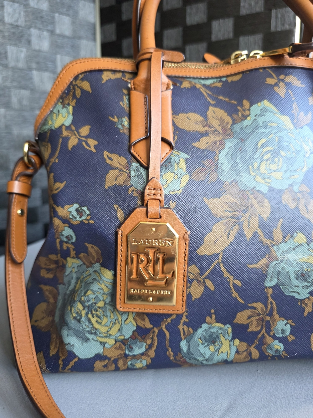 Lauren Ralph Lauren Blue Rose Floral Satchel Crossbody Bag Leather Trim LRL - Picture 5 of 13